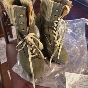 Olive Ankle Wedge Booties with Knit Cuff